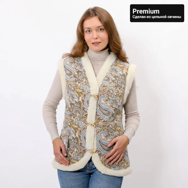 Жилет из цельной овчины с гобеленом «Восточный узор» Premium