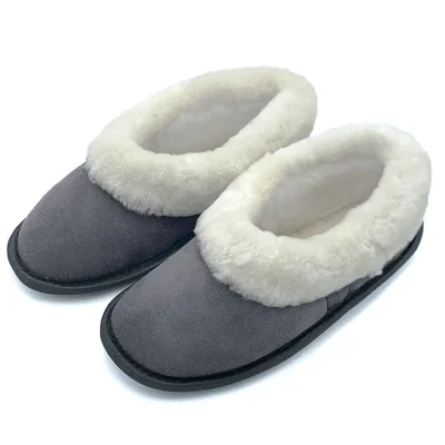 Бабуши с белой опушкой из овчины серые