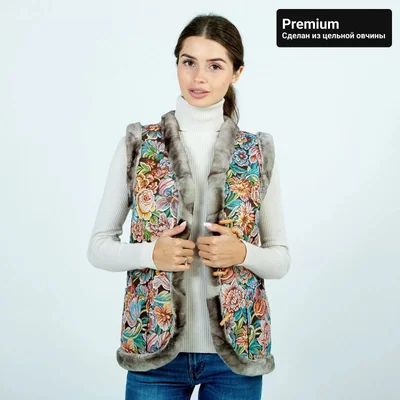 Жилет из цельной овчины с гобеленом «Цветы» Premium 