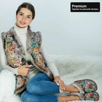Жилет из цельной овчины с гобеленом «Цветы» Premium 